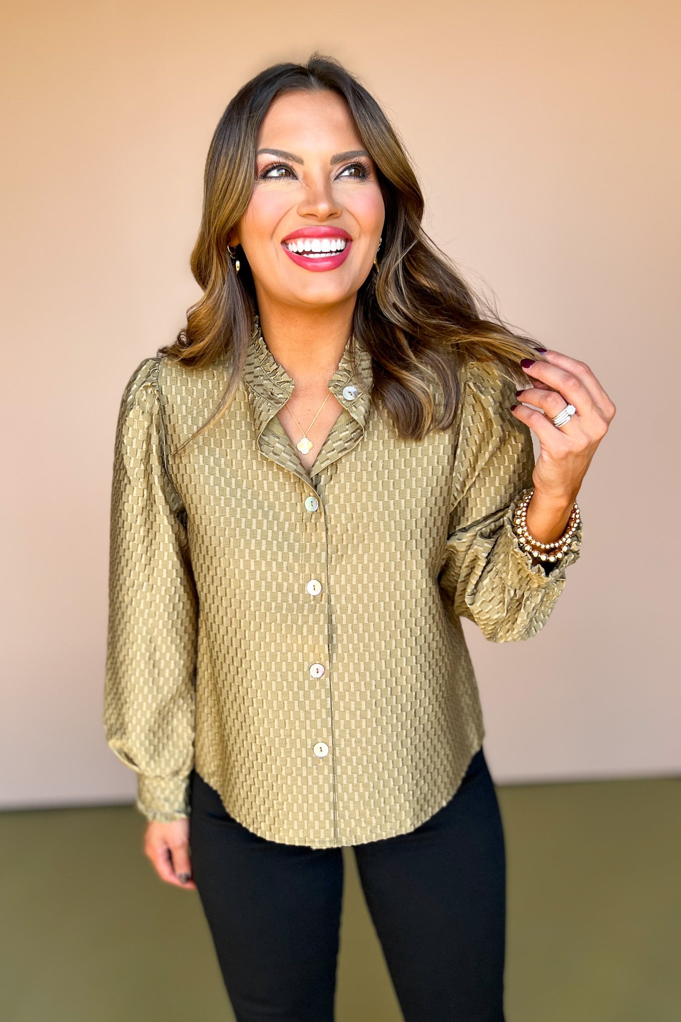 THML Olive Textured Frill Neck Button Up Top, must have top, must have style, fall style, fall fashion, elevated style, elevated style, mom style, shop style your senses by mallory fitzsimmons, ssys by mallory fitzsimmons