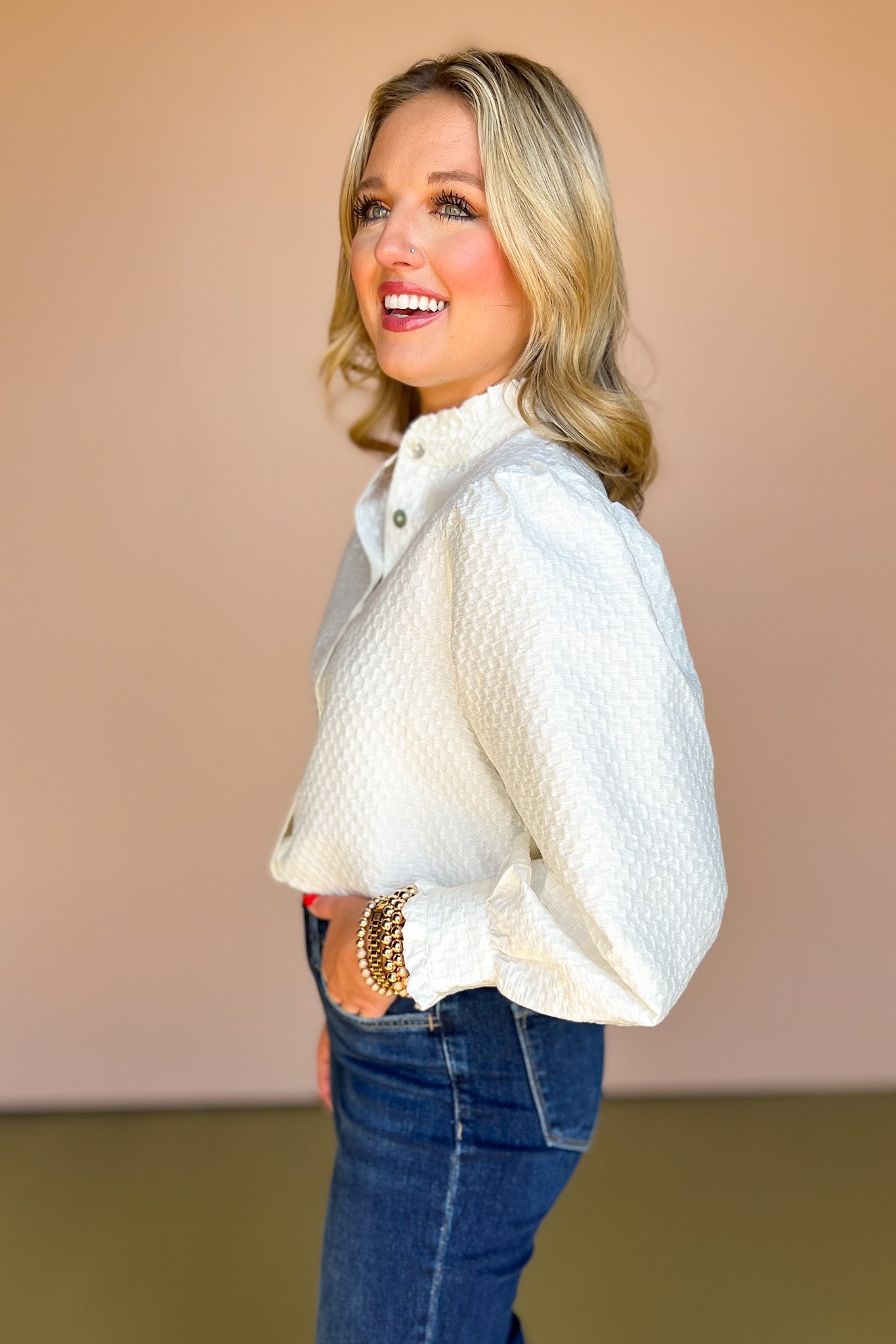THML white Textured Frill Neck Button Up Top, must have top, must have style, fall style, fall fashion, elevated style, elevated style, mom style, shop style your senses by mallory fitzsimmons, ssys by mallory fitzsimmons