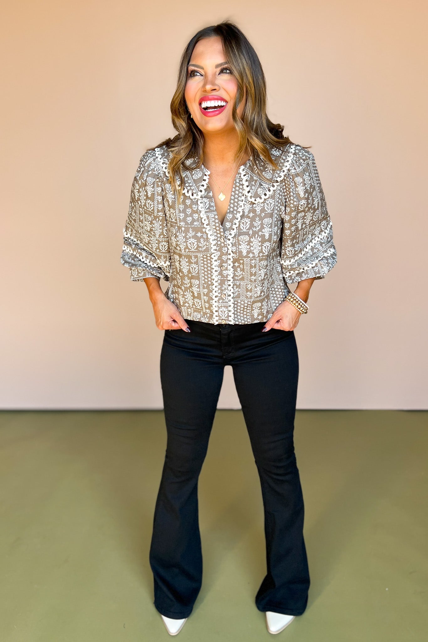 Brown Printed Scallop Trim Detail Collar Button Up 3/4 Sleeve Top, must have top, must have style, fall style, fall fashion, elevated style, elevated style, mom style, shop style your senses by mallory fitzsimmons, ssys by mallory fitzsimmons