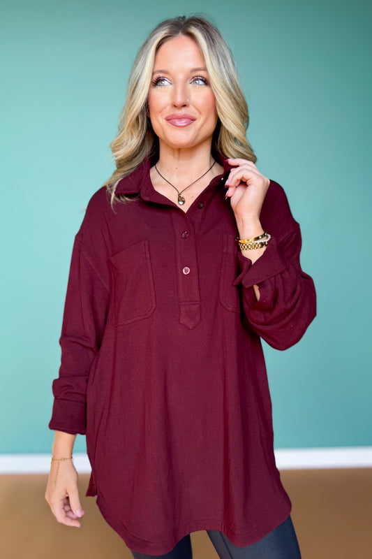 SSYS Jess Cozy Fleece Lined Top In Oxblood