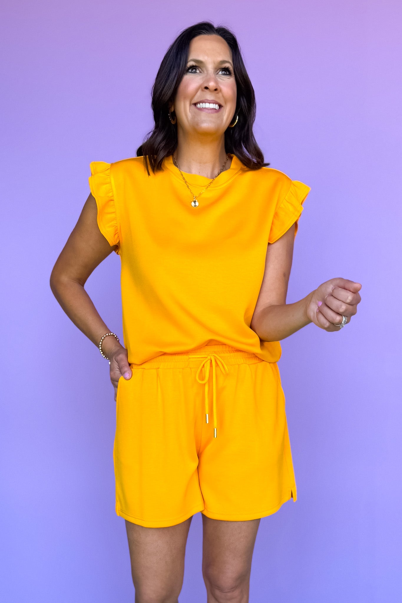 SSYS Charlie Air Ruffle Shoulder Shorts Set In Orange *FINAL SALE*