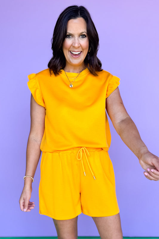 SSYS Charlie Air Ruffle Shoulder Shorts Set In Orange *FINAL SALE*