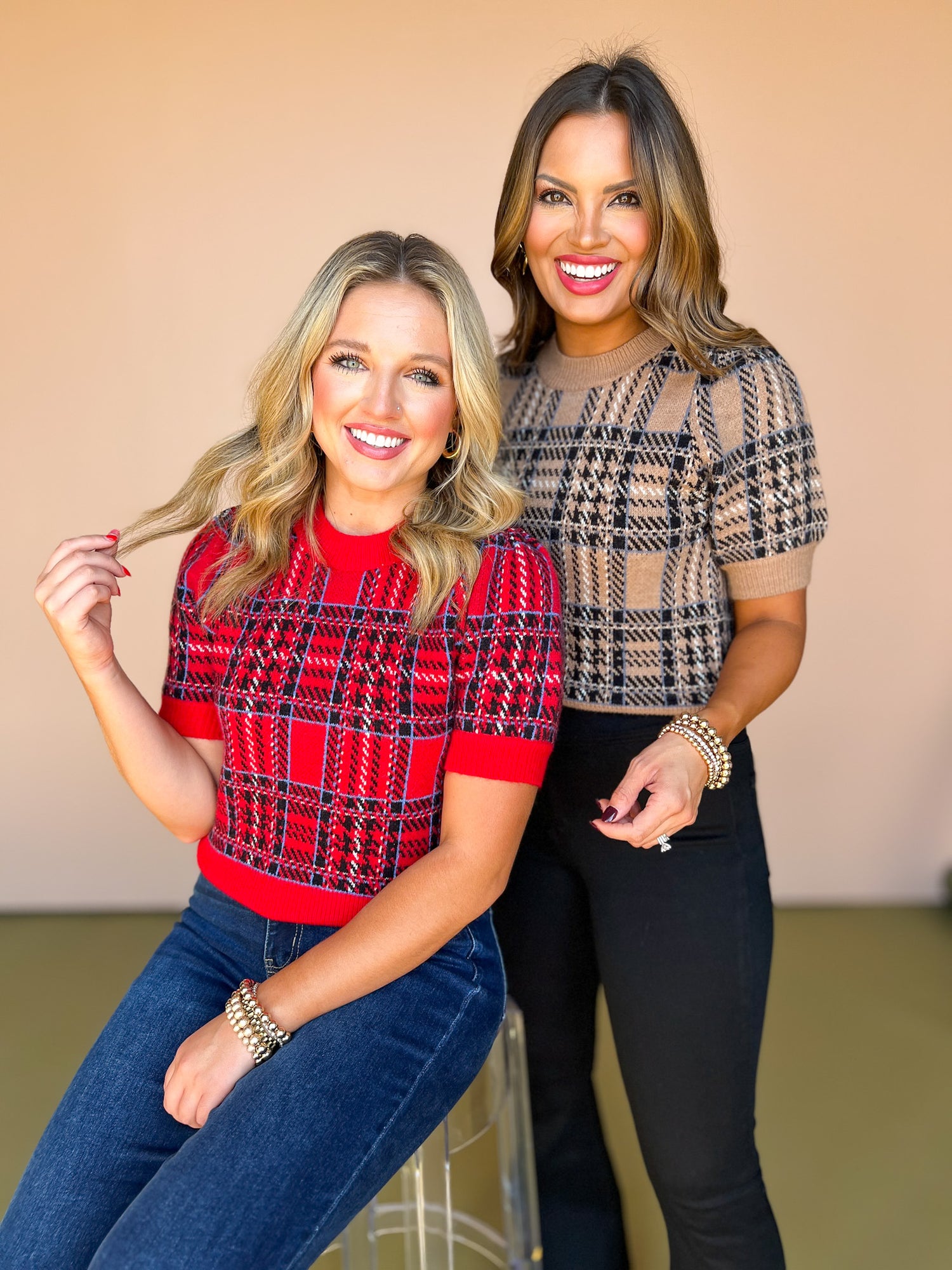 camel Knit Plaid Print Puff Short Sleeve Top, must have fall top, must have holiday top, plaid top, sweater top, short sleeve sweater, Texas winter top, family photos top, Christmas top, elevated top, chic top, cozy top, SSYS by mallory Fitzsimmons