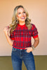 Red Knit Plaid Print Puff Short Sleeve Top, must have fall top, must have holiday top, plaid top, sweater top, short sleeve sweater, Texas winter top, family photos top, Christmas top, elevated top, chic top, cozy top, SSYS by mallory Fitzsimmons