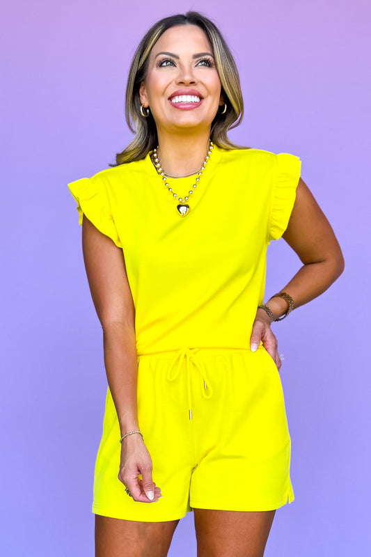 SSYS Charlie Air Ruffle Shoulder Shorts Set In Yellow