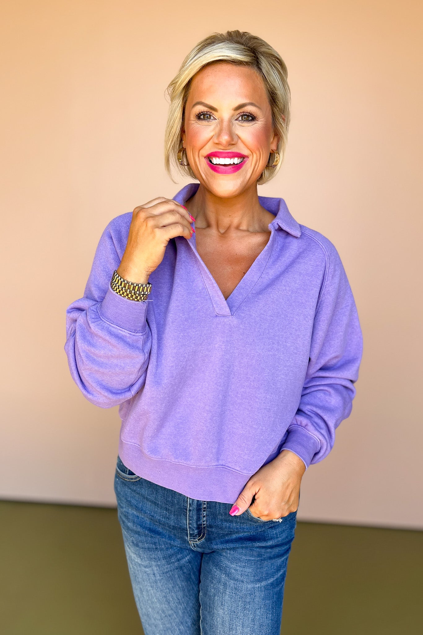 Lavender Collared Raglan Sleeve Sweatshirt, elevated basic, must have basic, cozy basic, perfect layering piece, must have pull over, cozy pull over, SSYS by mallory Fitzsimmons