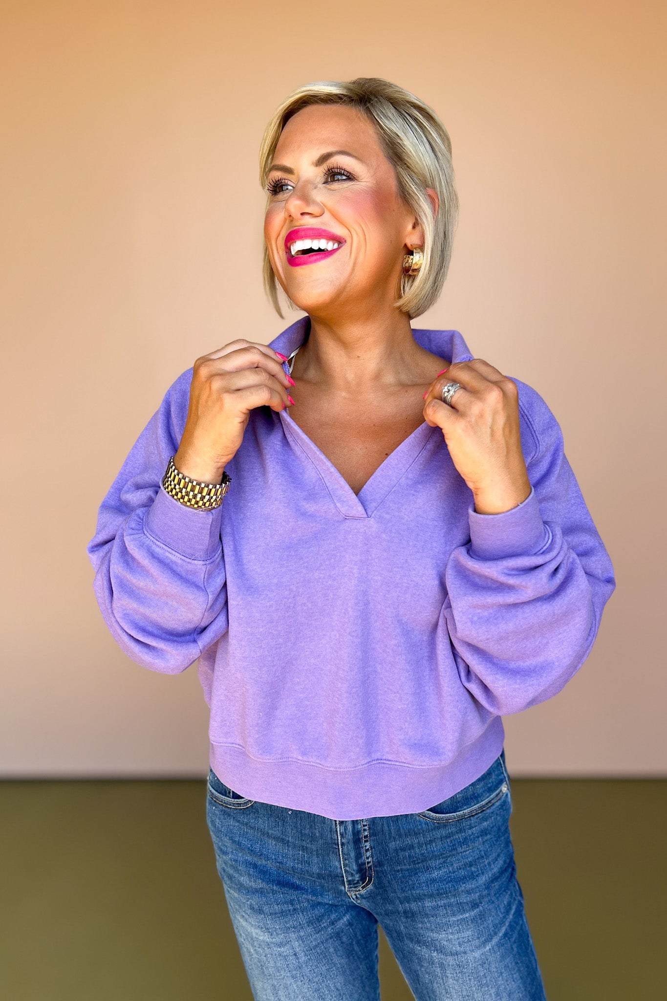 Lavender Collared Raglan Sleeve Sweatshirt, elevated basic, must have basic, cozy basic, perfect layering piece, must have pull over, cozy pull over, SSYS by mallory Fitzsimmons