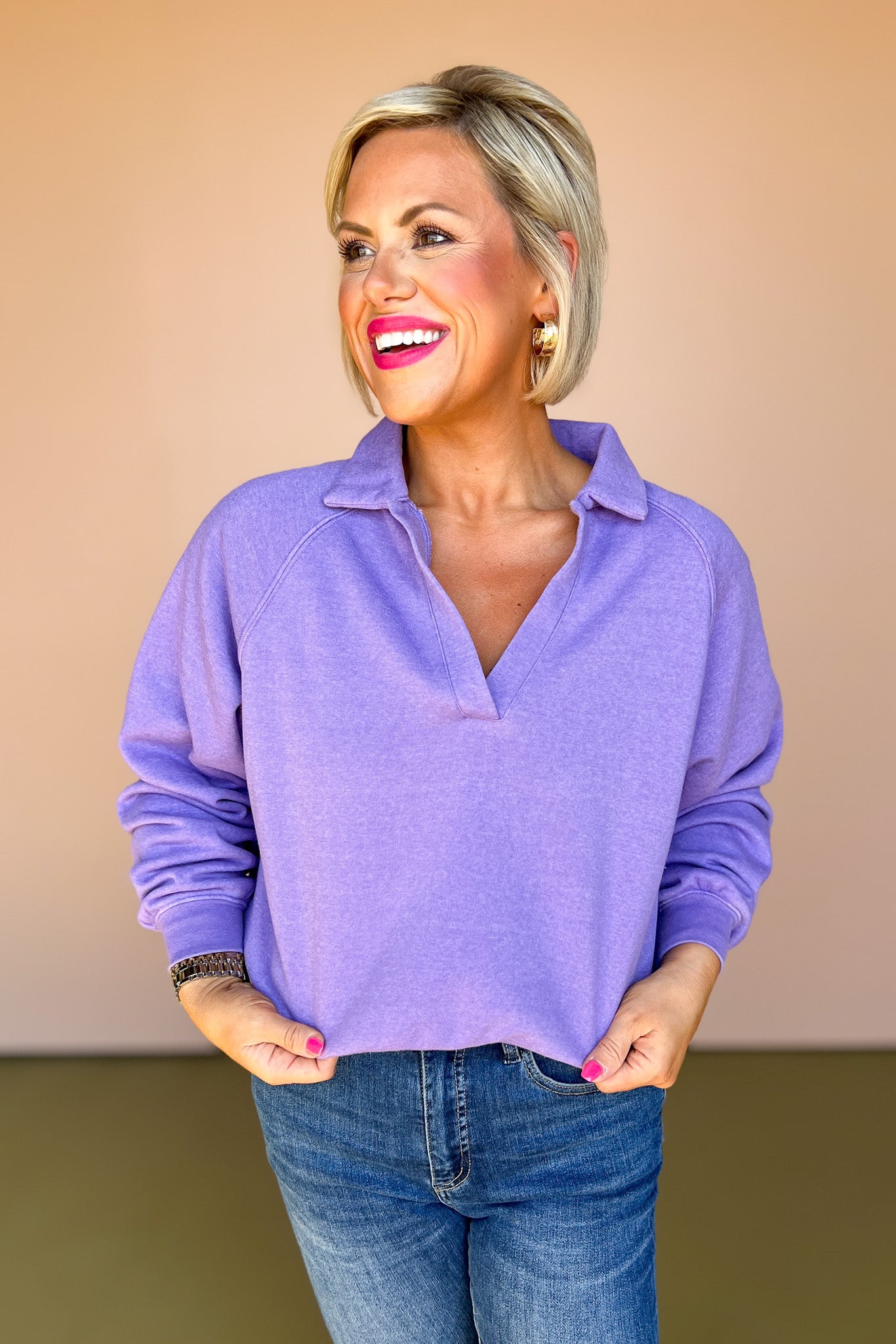 Lavender Collared Raglan Sleeve Sweatshirt, elevated basic, must have basic, cozy basic, perfect layering piece, must have pull over, cozy pull over, SSYS by mallory Fitzsimmons