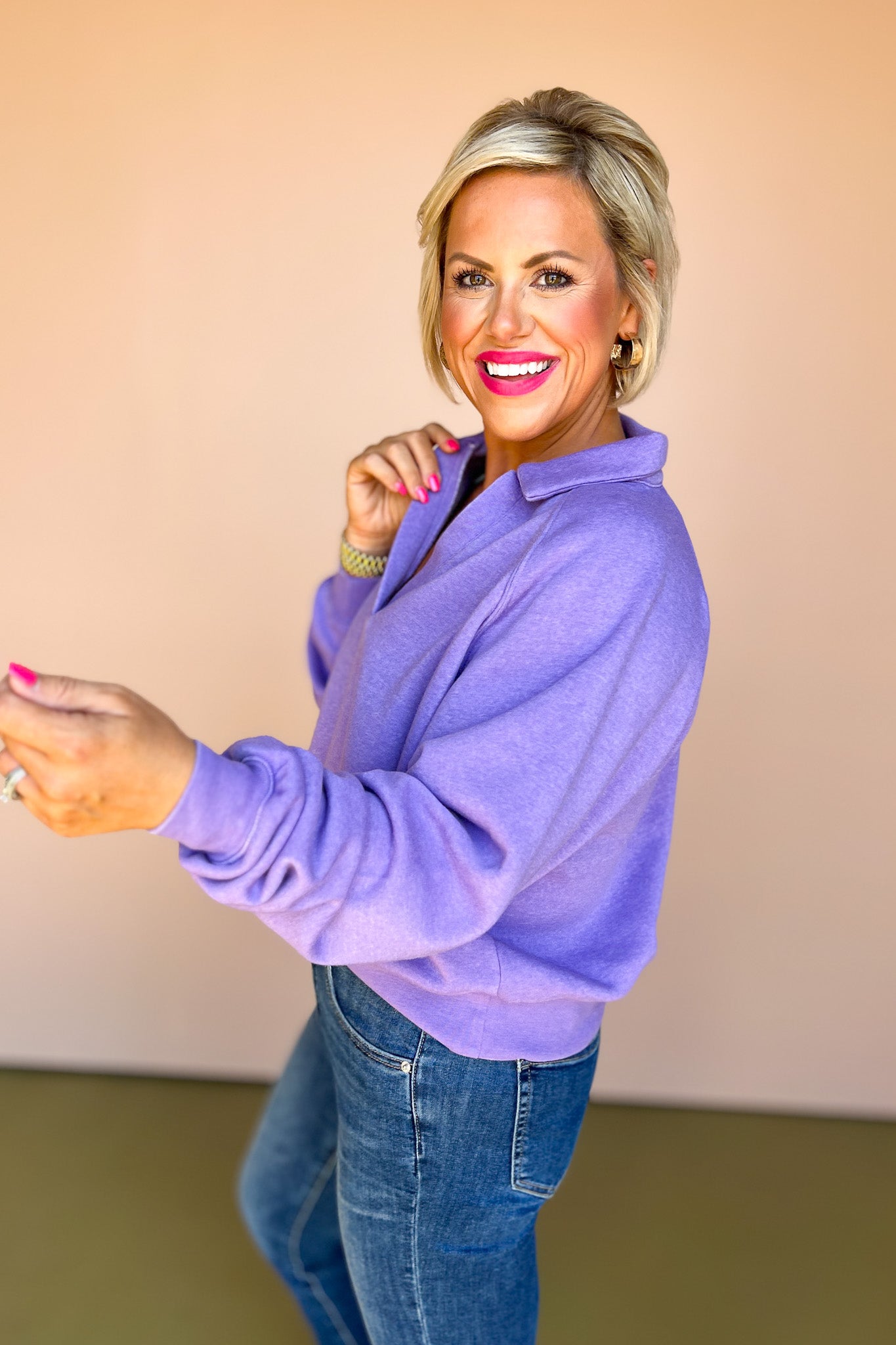Lavender Collared Raglan Sleeve Sweatshirt, elevated basic, must have basic, cozy basic, perfect layering piece, must have pull over, cozy pull over, SSYS by mallory Fitzsimmons