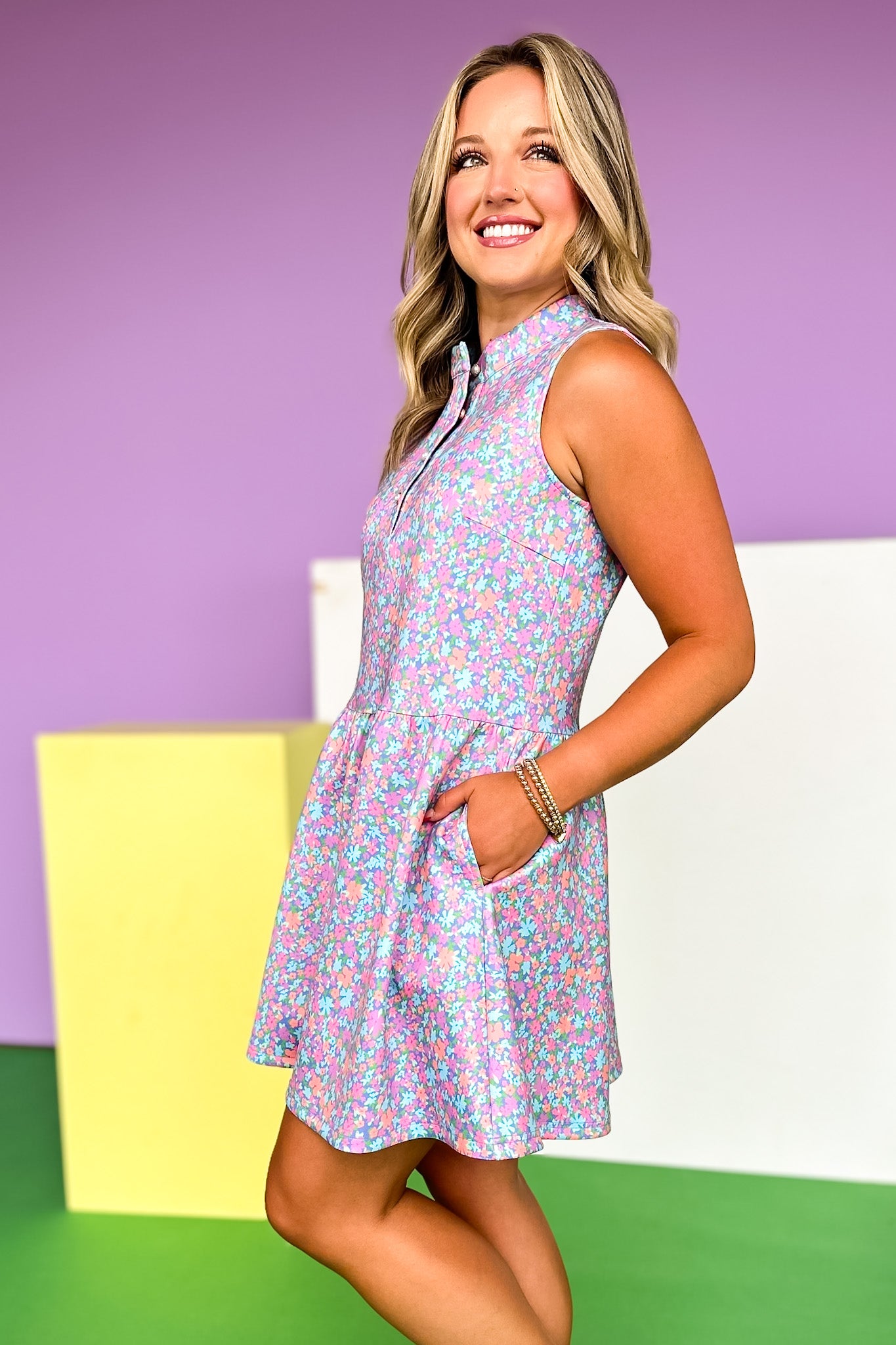 SSYS Augusta Pearl Button Scuba Dress In Pastel Floral