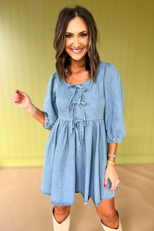 Denim Square Neck 3/4 Sleeve Front Bow Detail Dress, must have dress, must have style, fall style, fall fashion, elevated style, elevated style, mom style, shop style your senses by mallory fitzsimmons, ssys by mallory fitzsimmons
