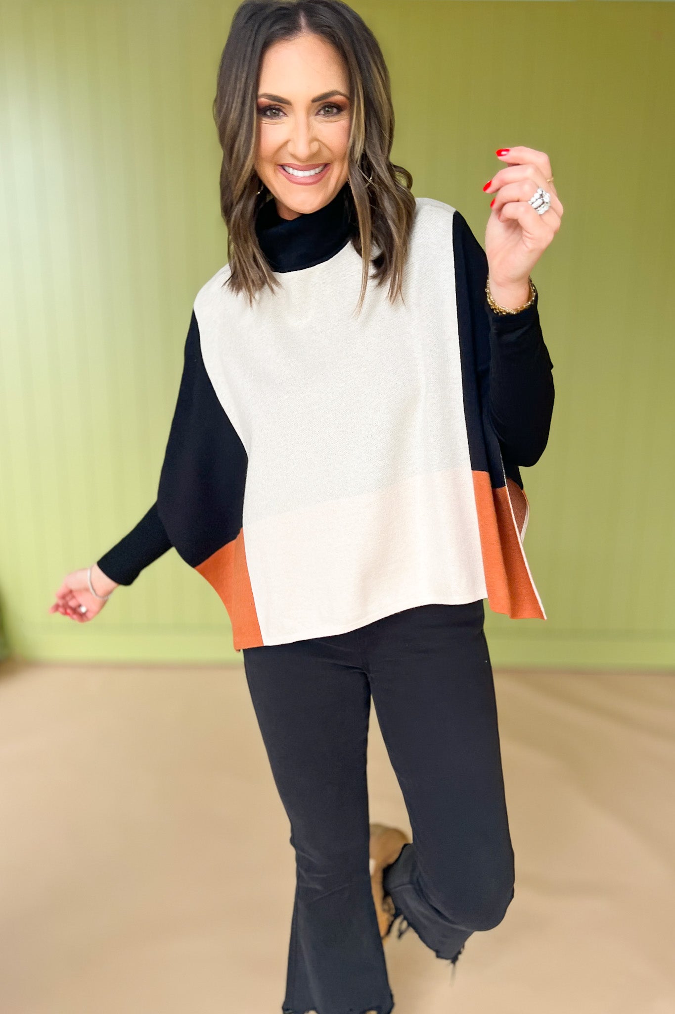 THML Cream High Neck Colorblock Poncho Top, must have sweater, must have style, fall style, fall fashion, elevated style, elevated sweater, mom style, shop style your senses by mallory fitzsimmons, ssys by mallory fitzsimmons
