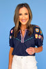 Navy Geometric Detail Zig Zag Trim Puff Sleeve Top