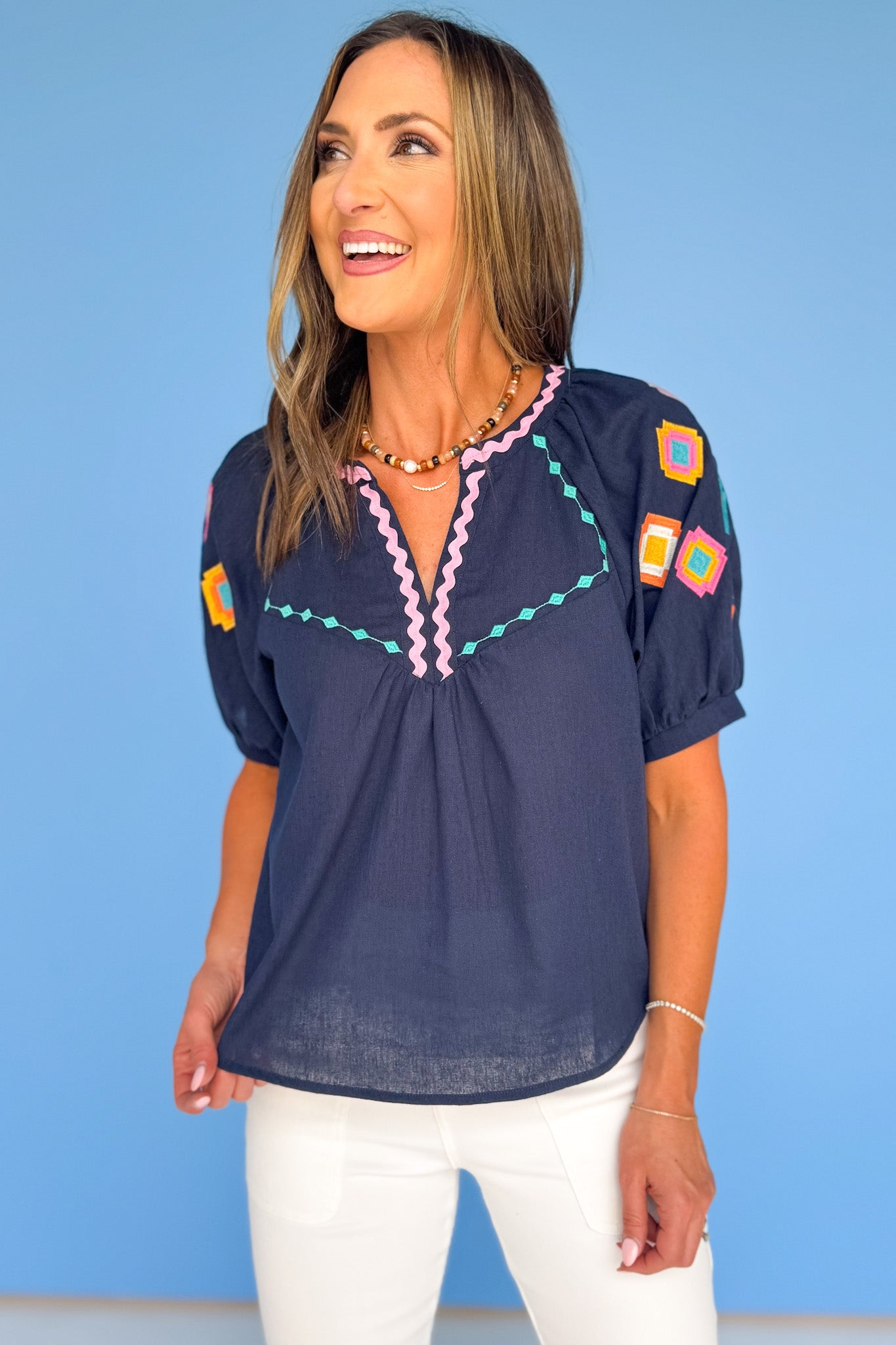 Navy Geometric Detail Zig Zag Trim Puff Sleeve Top