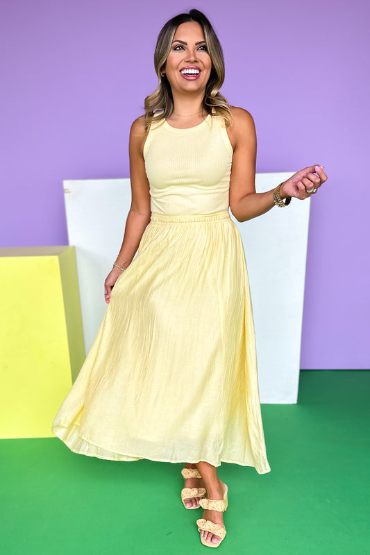 Light Yellow Ribbed Top Elastic Waist Midi Dress