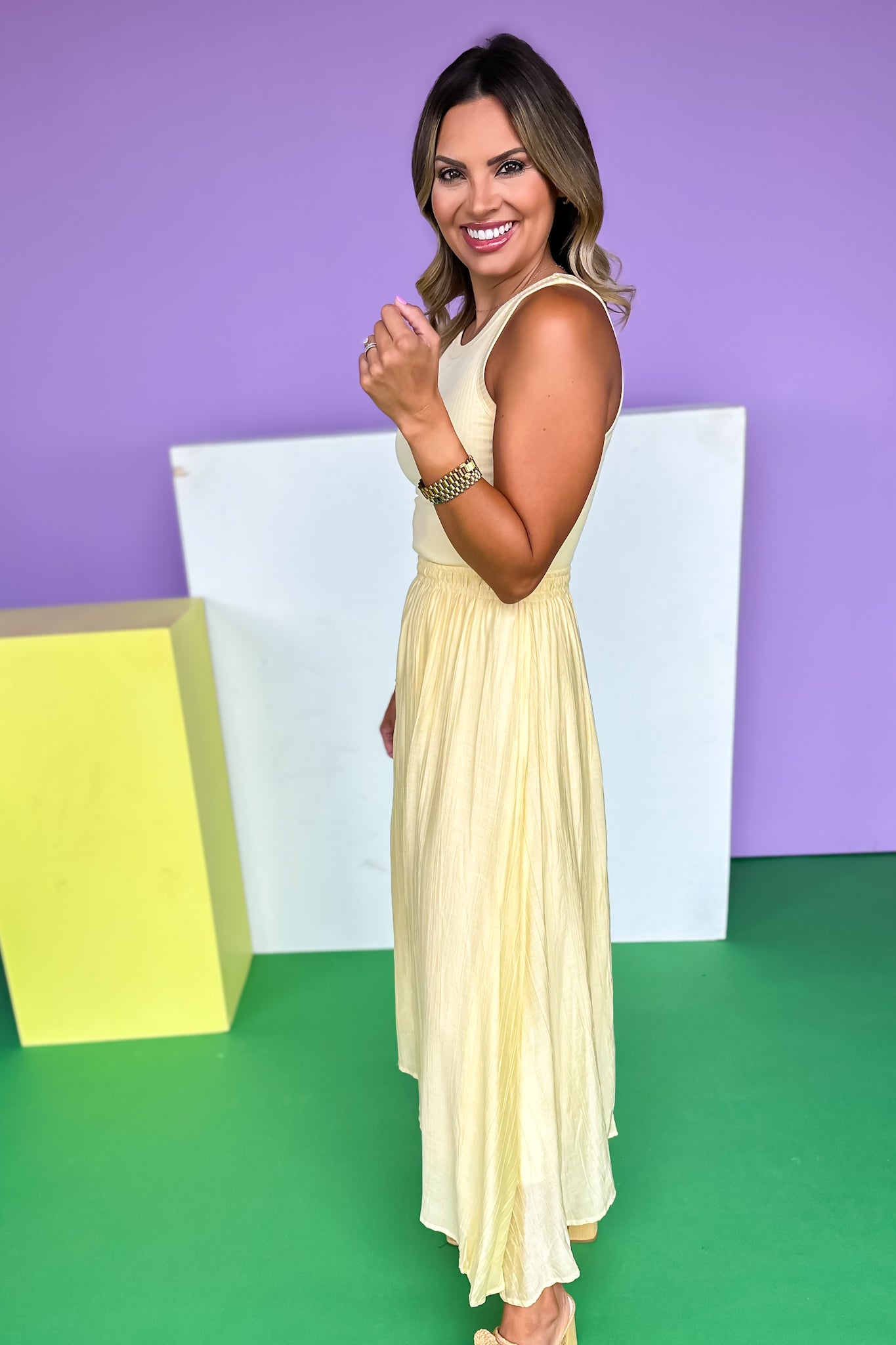 Light Yellow Ribbed Top Elastic Waist Midi Dress
