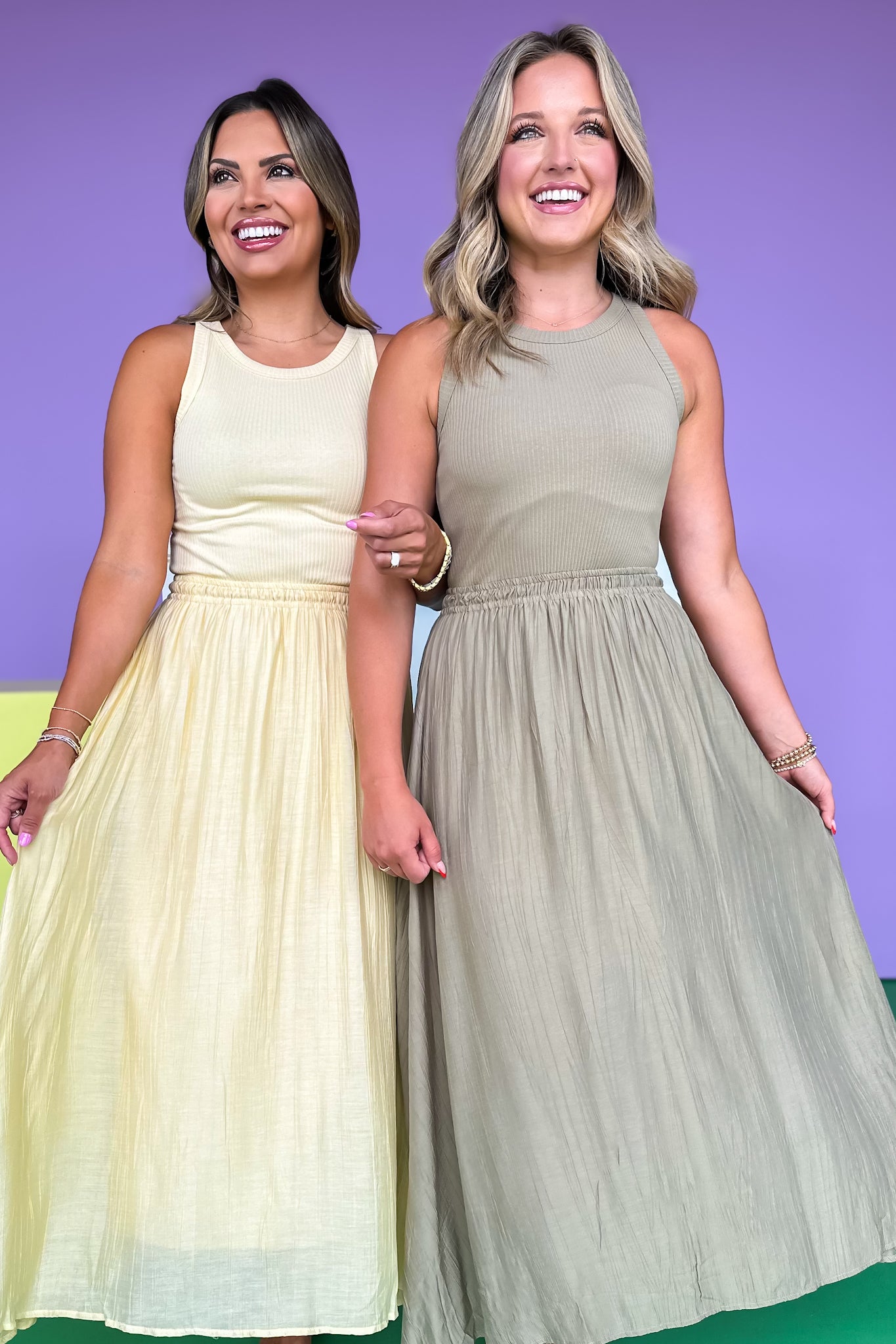 Olive Ribbed Top Elastic Waist Midi Dress