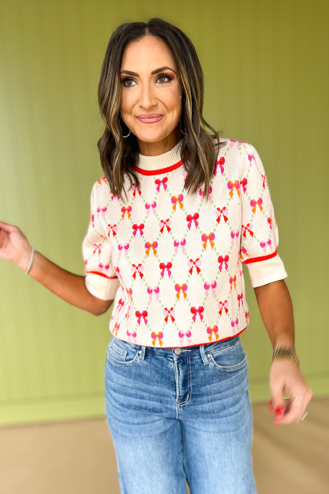 THML Cream Knit Ribbon Print Short Sleeve Sweater, must have sweater, must have style, fall style, fall fashion, elevated style, elevated sweater, mom style, shop style your senses by mallory fitzsimmons, ssys by mallory fitzsimmons