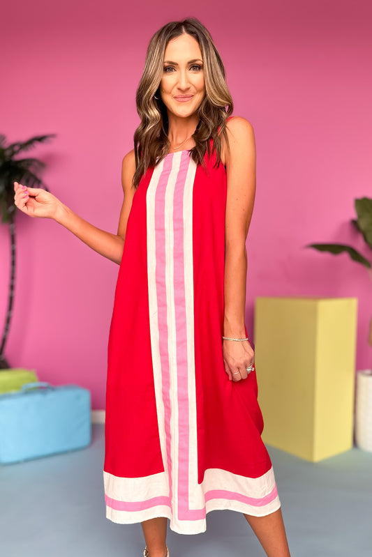 Red Square Neck Contrast Accent Midi Dress