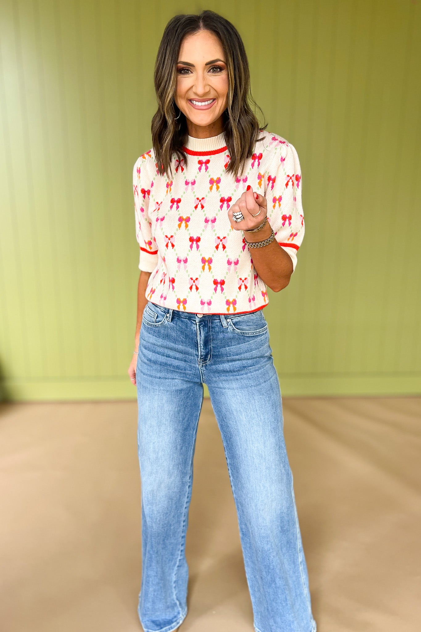 THML Cream Knit Ribbon Print Short Sleeve Sweater, must have sweater, must have style, fall style, fall fashion, elevated style, elevated sweater, mom style, shop style your senses by mallory fitzsimmons, ssys by mallory fitzsimmons