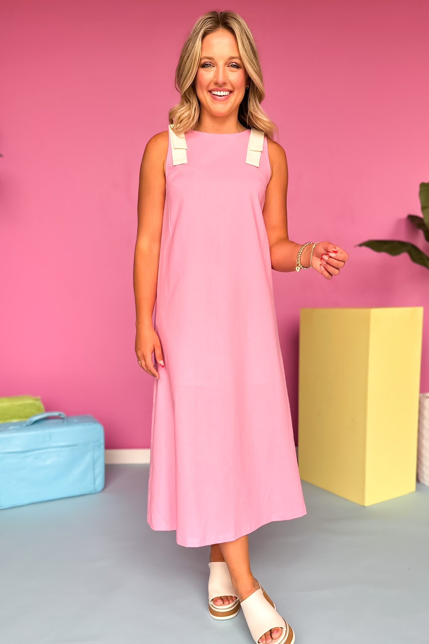 Pink Ivory Contrast Bow Shoulder Linen Maxi Dress *FINAL SALE*