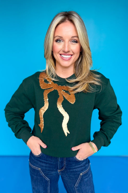 SSYS Dorothy Cropped Bow Sequin Sweatshirt In Hunter