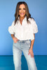 White Cut Out Embroidered Bubble Sleeve Top, pocket, button details, collared, versatile, concert top, work top, game day, spring, summer, ssys by mallory fitzsimmons