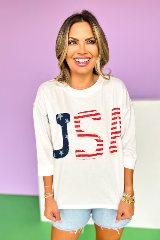 White USA Drop Shoulder Cuff Three Quarter Sleeve Top