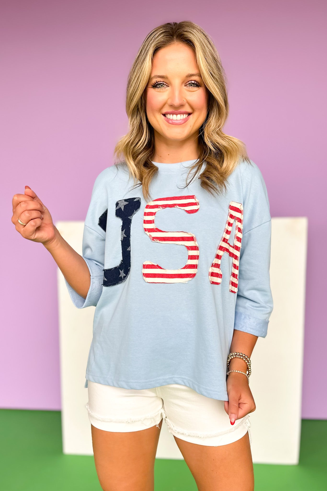 Blue USA Drop Shoulder Cuff Three Quarter Sleeve Top