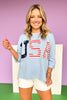 Blue USA Drop Shoulder Cuff Three Quarter Sleeve Top