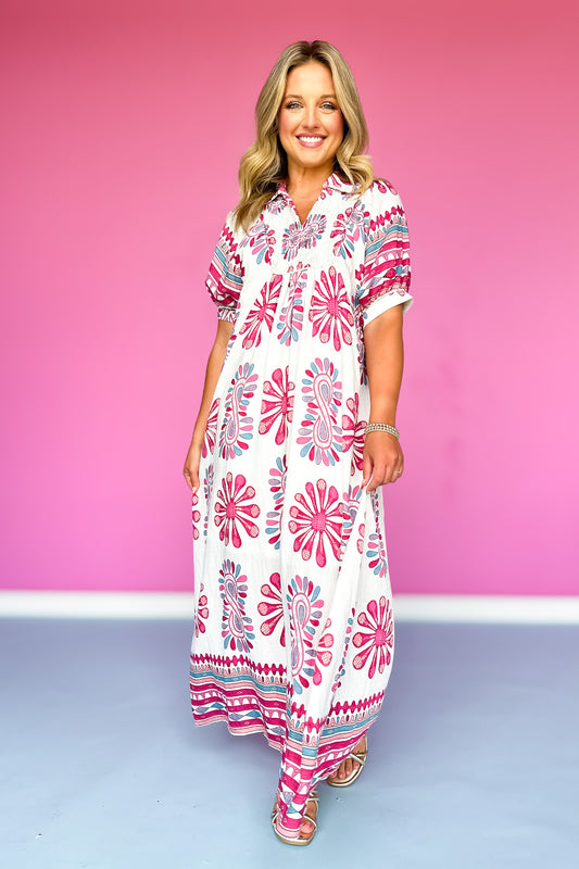 Pink Printed Smocked Yoke Balloon Sleeve Midi Dress