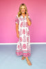 Pink Printed Smocked Yoke Balloon Sleeve Midi Dress