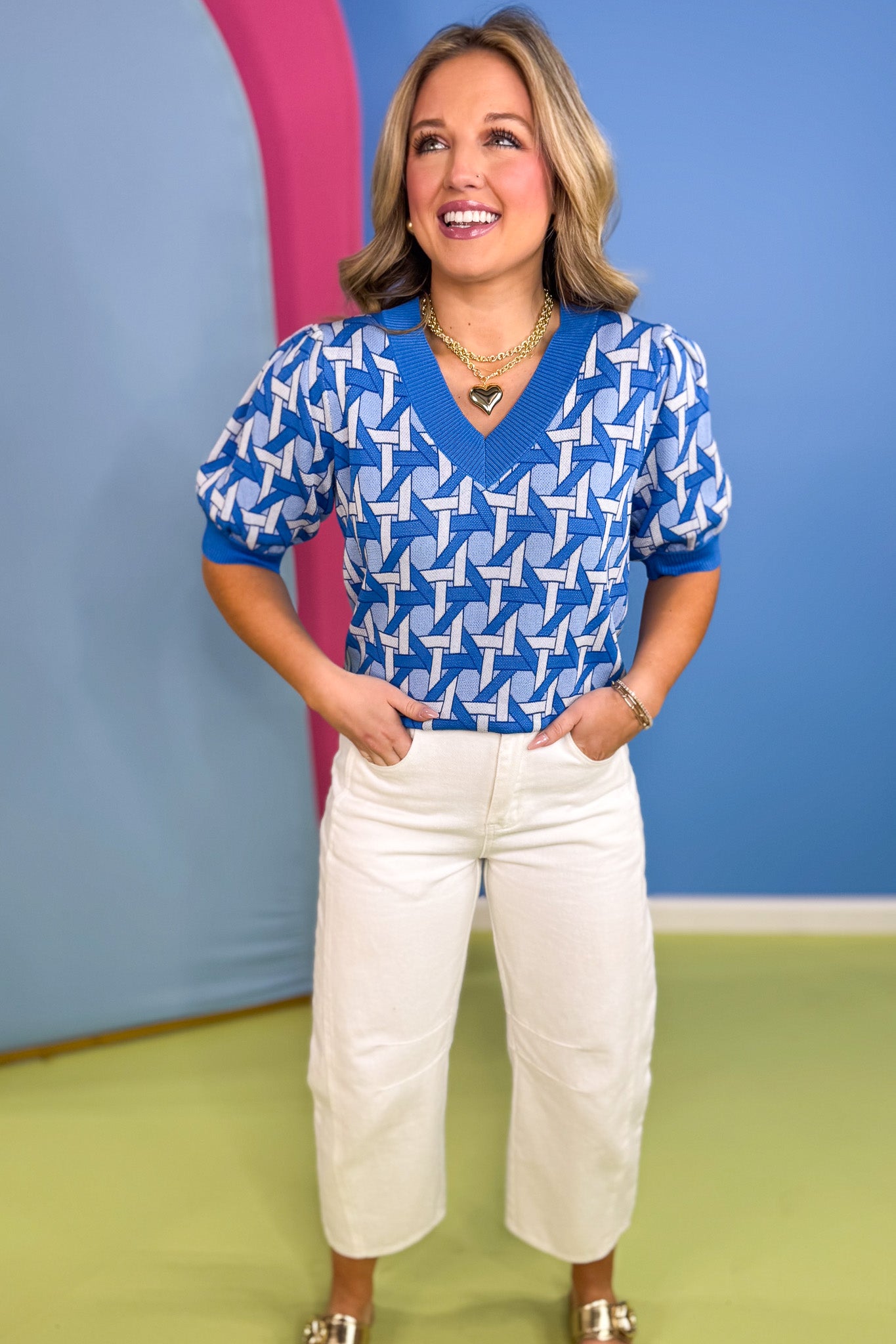 Blue Geometric Print V Neck Puff Sleeve Top *FINAL SALE*