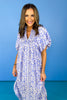 Blue Ditsy Floral Print Smock V Neck Round Hem Side Slit Midi Dress