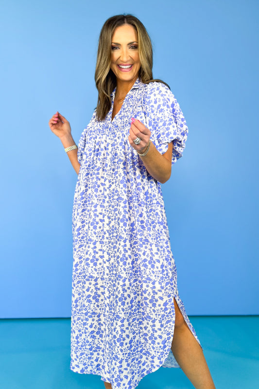 Blue Ditsy Floral Print Smock V Neck Round Hem Side Slit Midi Dress