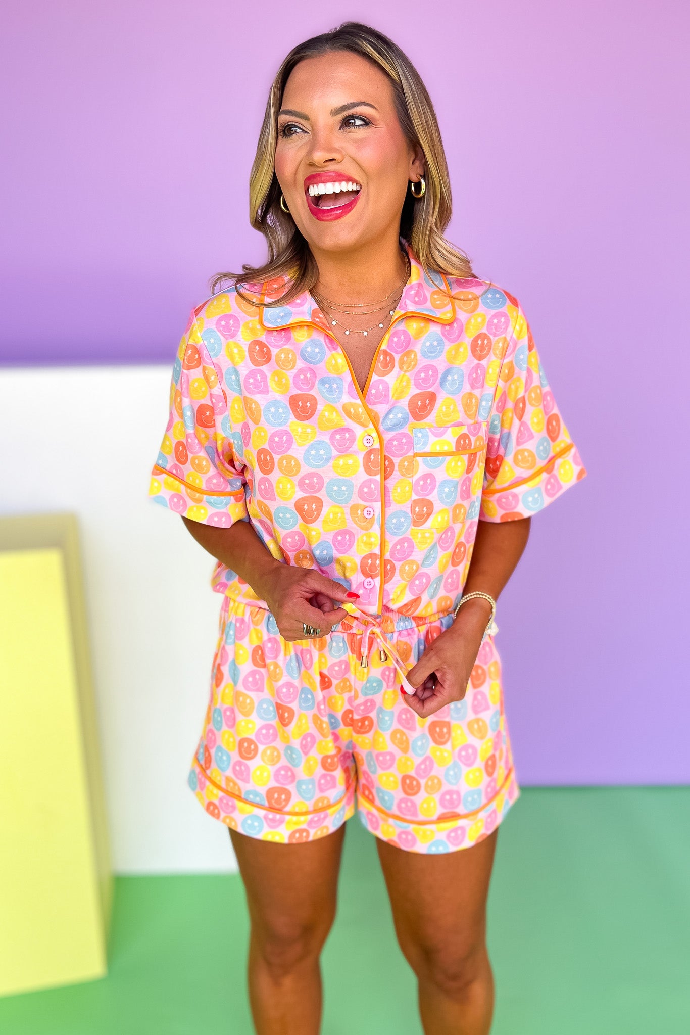 SSYS Millie Short Sleeve Pajama Shorts Set In Smiley, ssys by mallory fitzsimmons