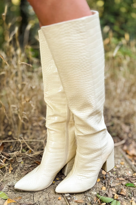 Ivory Textured Knee High Boots