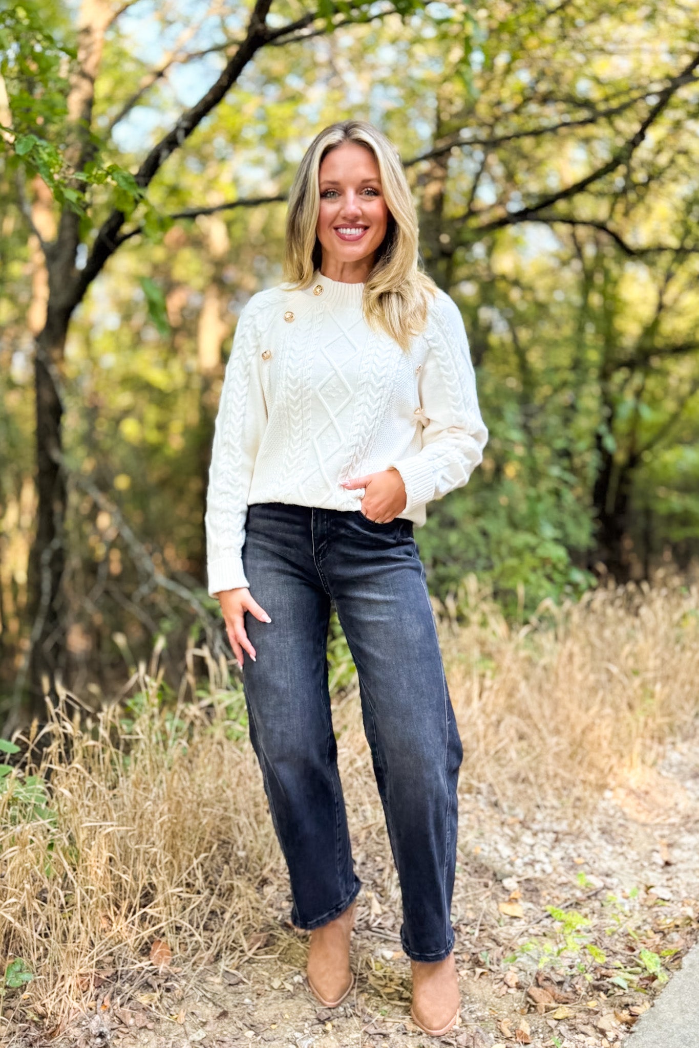 SSYS Larkyn Button Cable Knit Sweater In Ivory