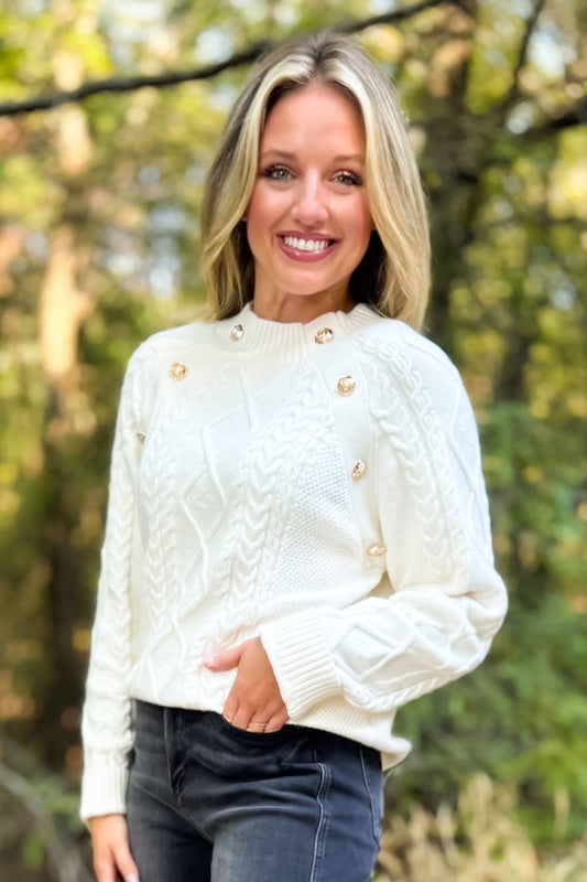 SSYS Larkyn Button Cable Knit Sweater In Ivory
