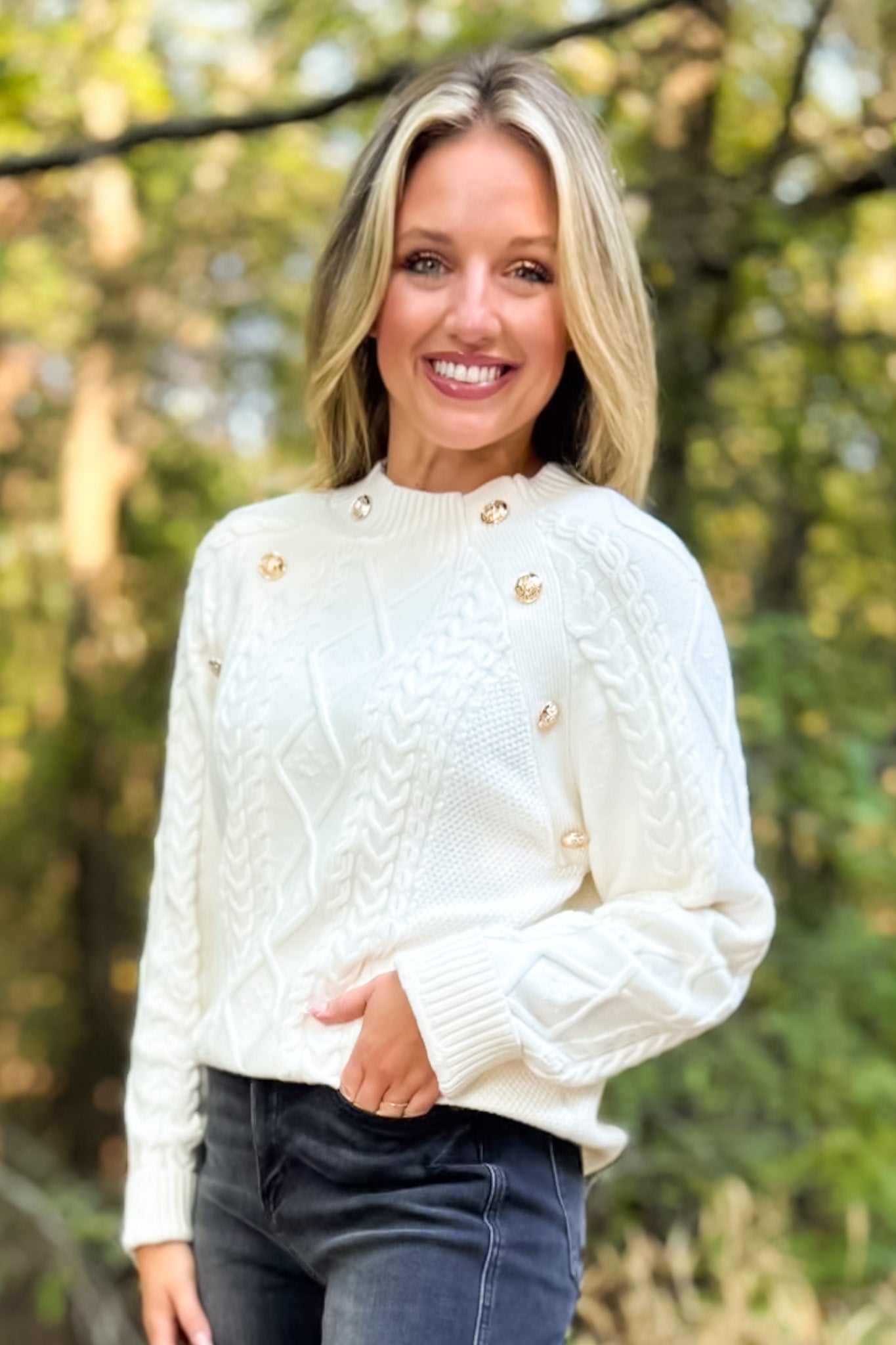 SSYS Larkyn Button Cable Knit Sweater In Ivory