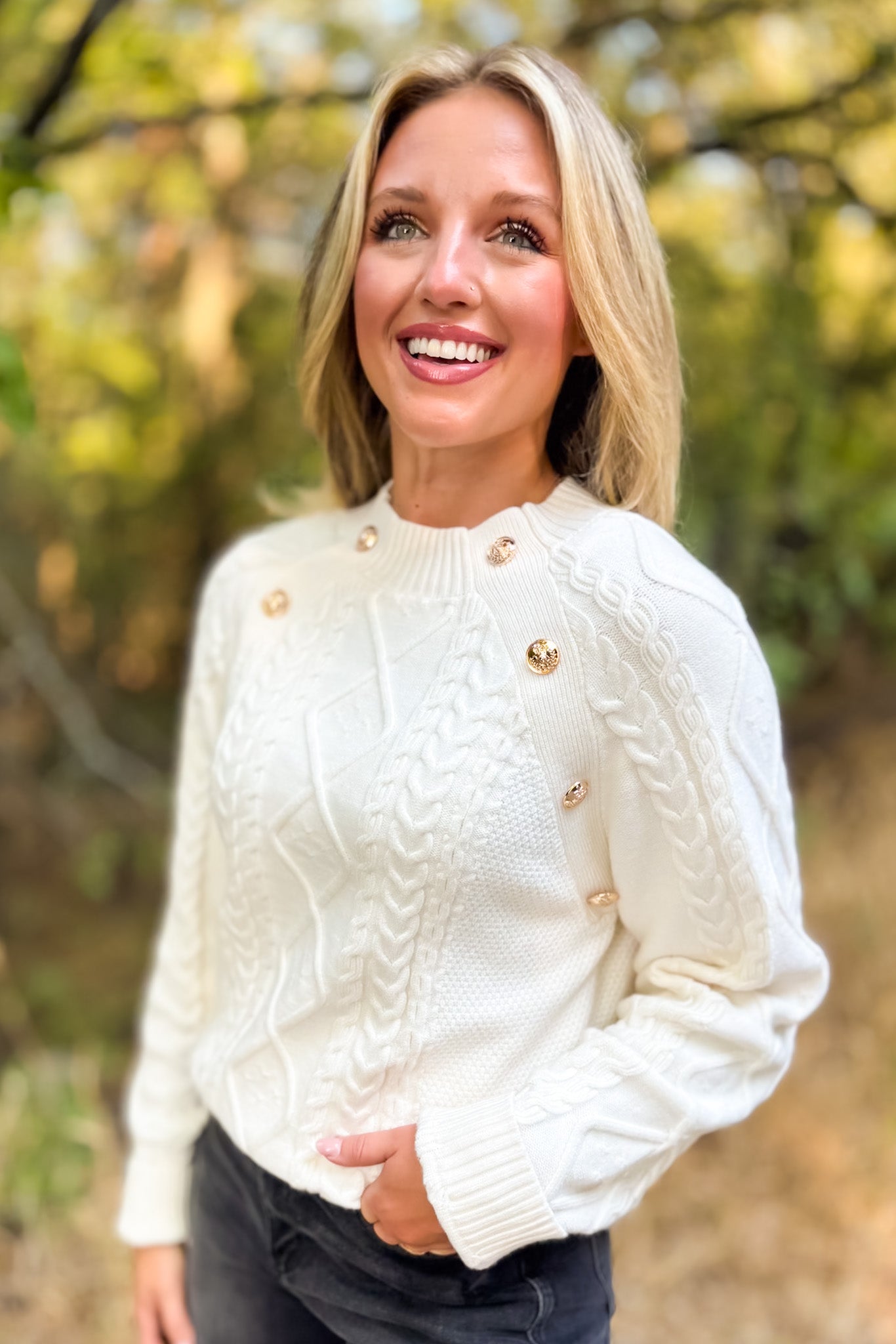 SSYS Larkyn Button Cable Knit Sweater In Ivory