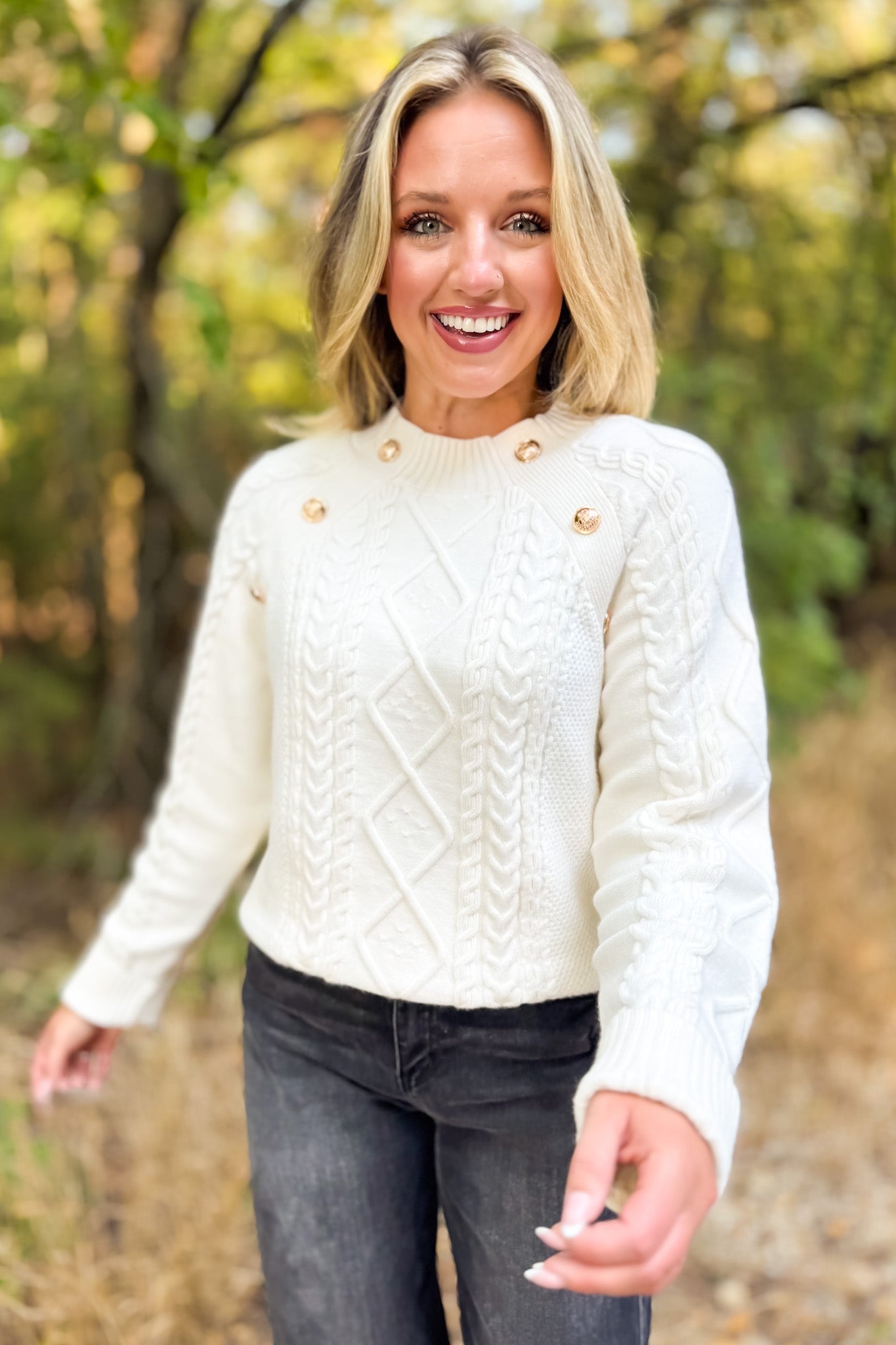 SSYS Larkyn Button Cable Knit Sweater In Ivory