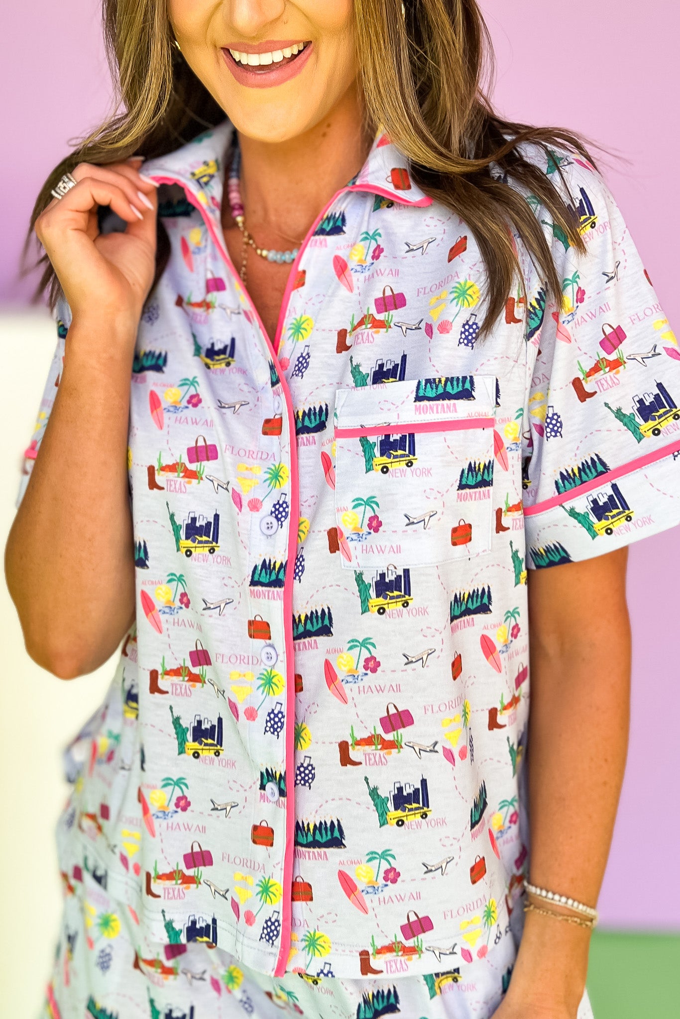 SSYS Millie Short Sleeve Pajama Shorts Set In Travel, ssys by mallory fitzsimmons