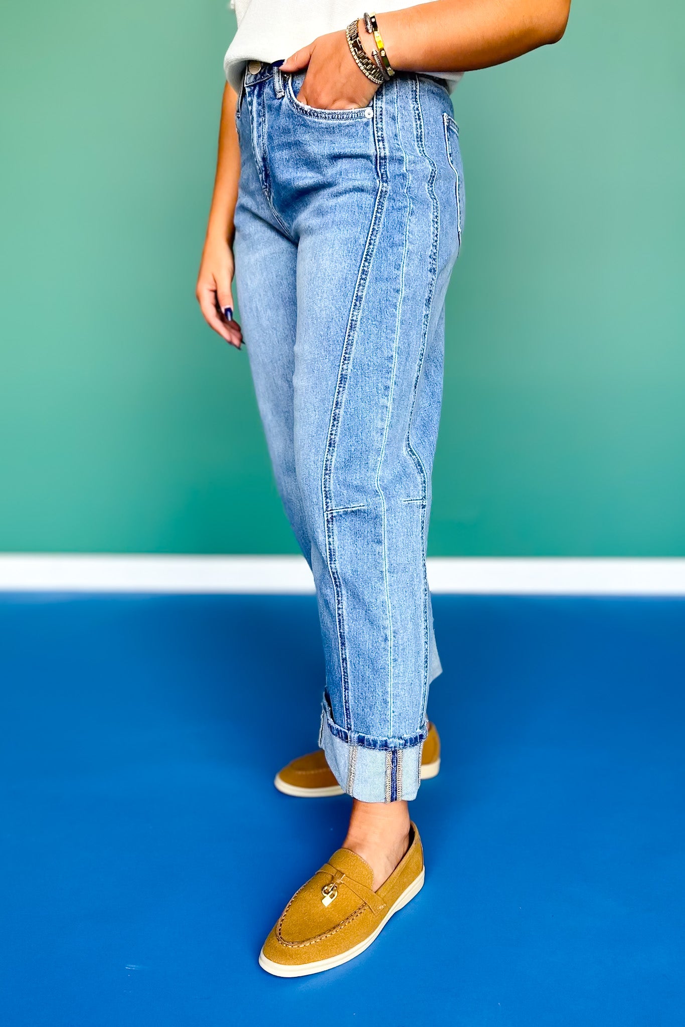 Mica High Rise Barrel Detail Cuffed Hem Jeans
