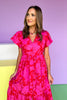 Pink Floral Printed Button Front Flutter Sleeve Midi Dress *FINAL SALE*