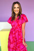 Pink Floral Printed Button Front Flutter Sleeve Midi Dress *FINAL SALE*