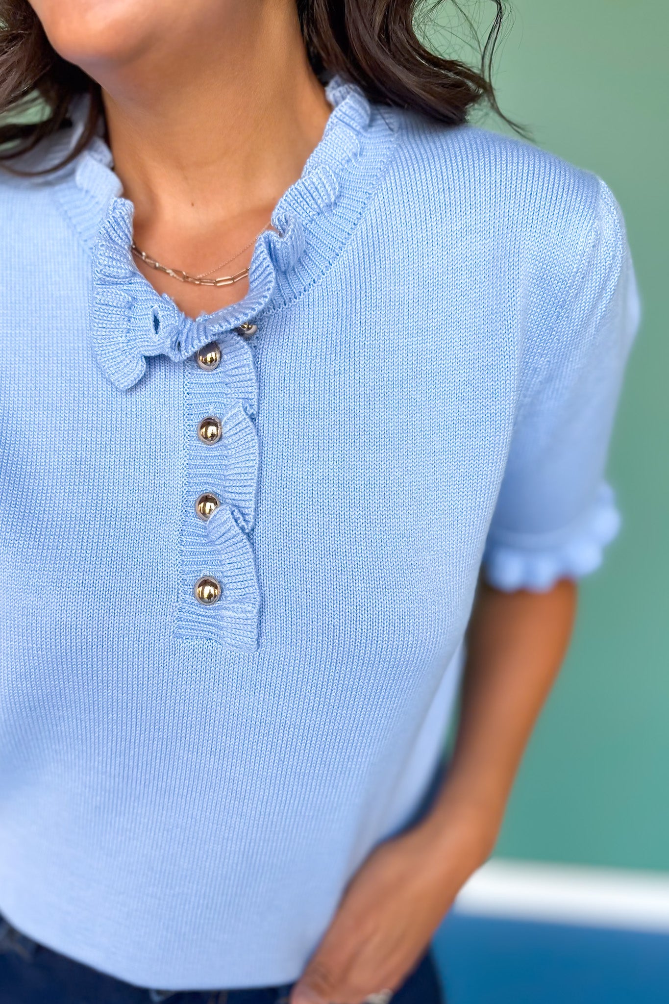 SSYS Bonnie Short Sleeve Ruffle Button Sweater In Light Blue