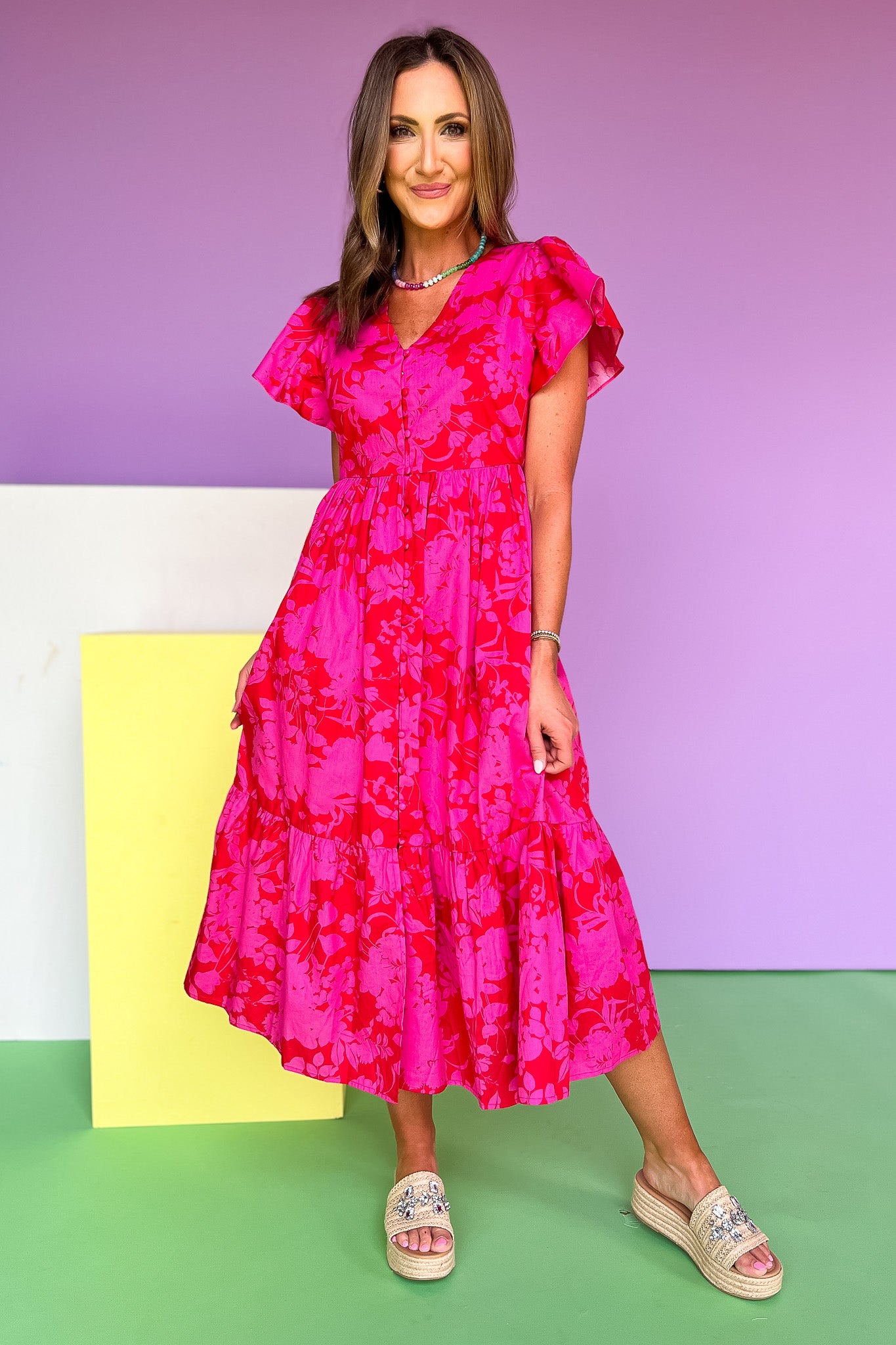 Pink Floral Printed Button Front Flutter Sleeve Midi Dress