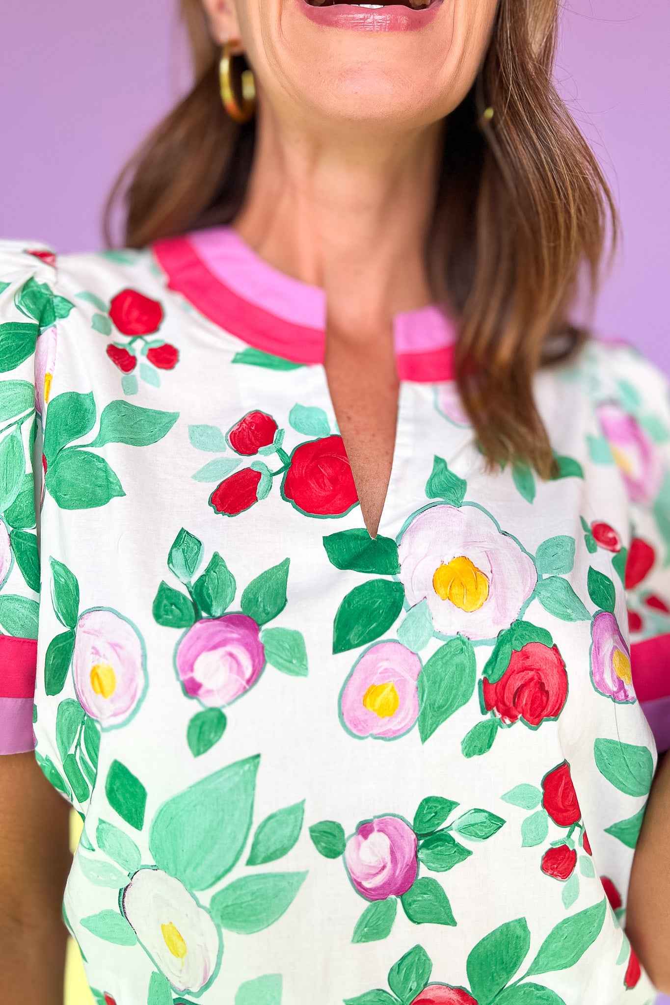 Off White Floral Print Contrast Band V Neck Short Sleeve Top