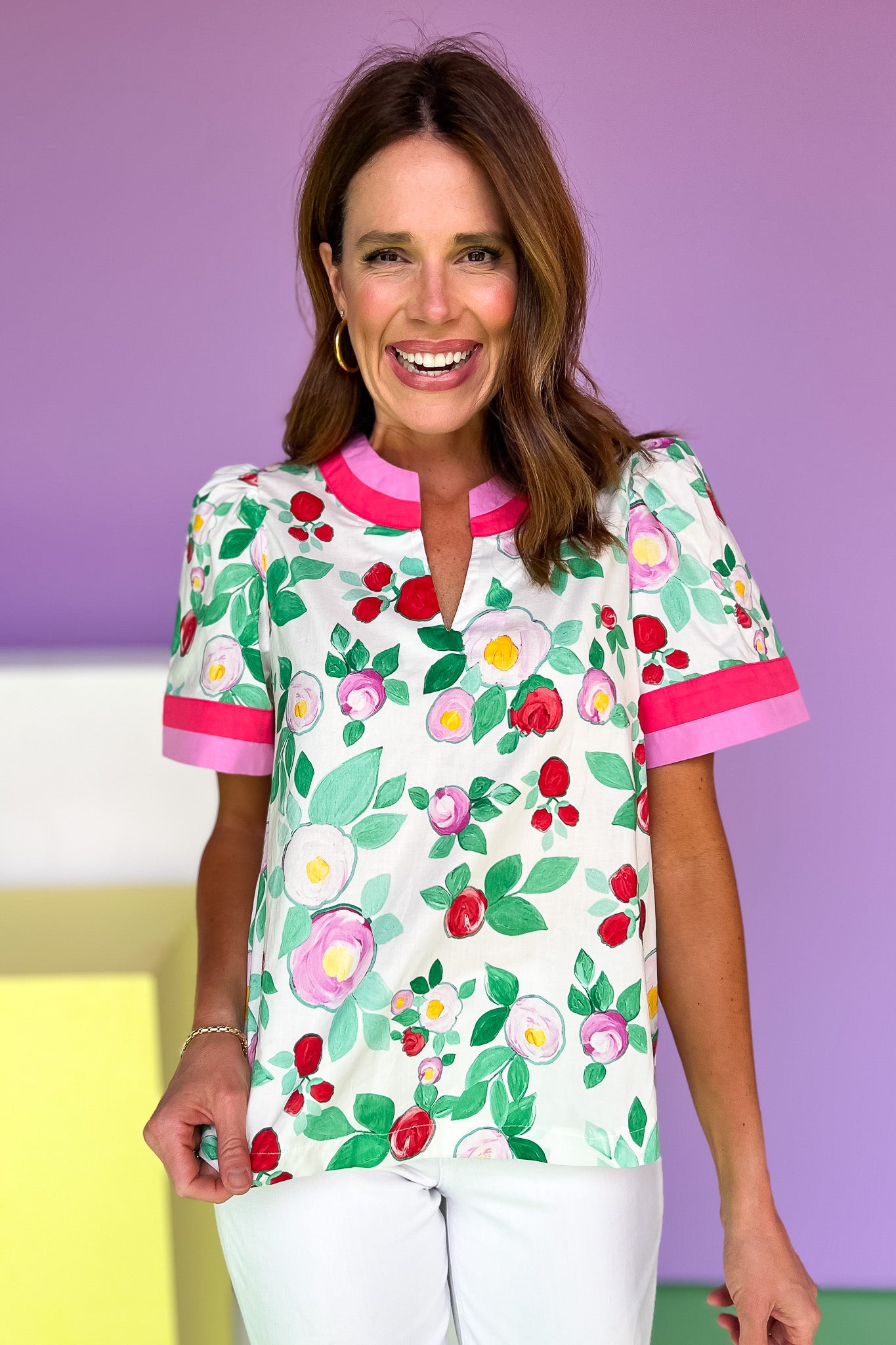 Off White Floral Print Contrast Band V Neck Short Sleeve Top